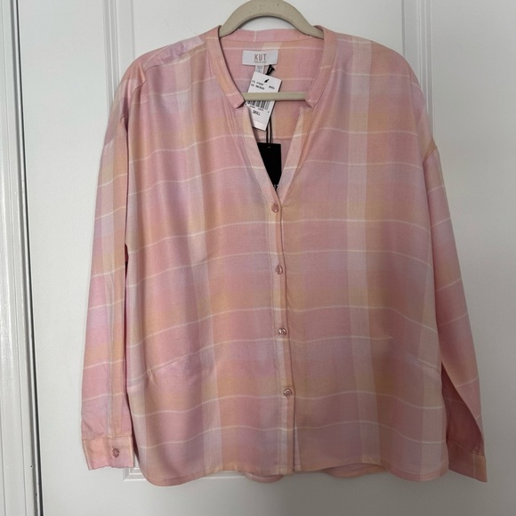NWT KUT from the Kloth Pink Plaid Button-Up Blouse - Picture 1 of 7